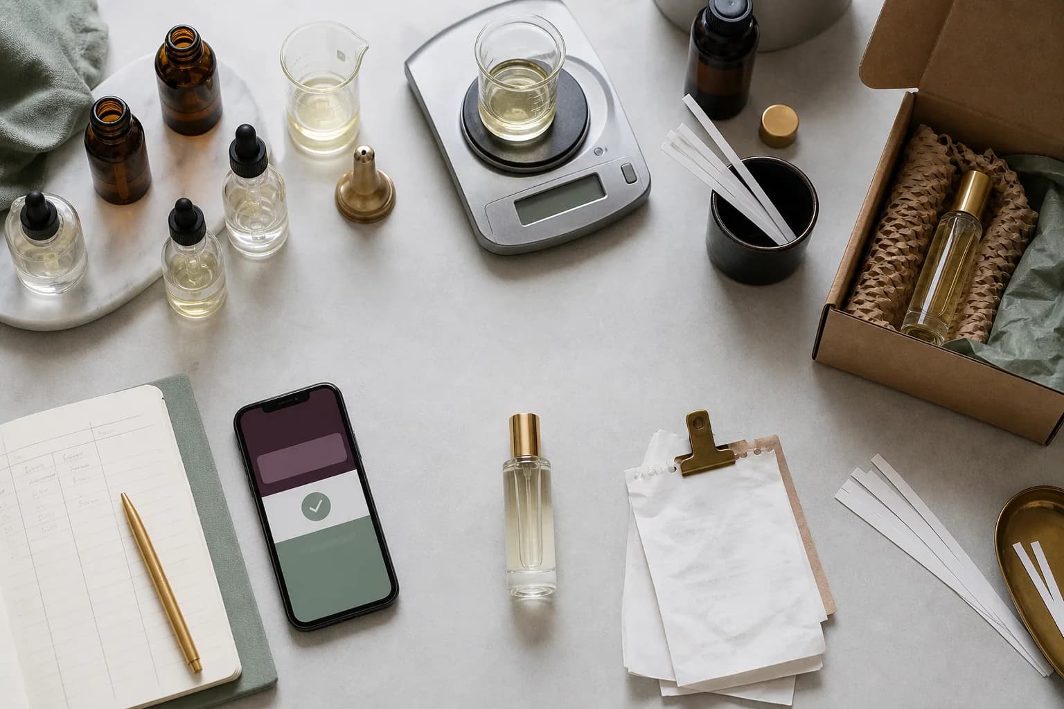 Perfume workshop table preparing a first customer order